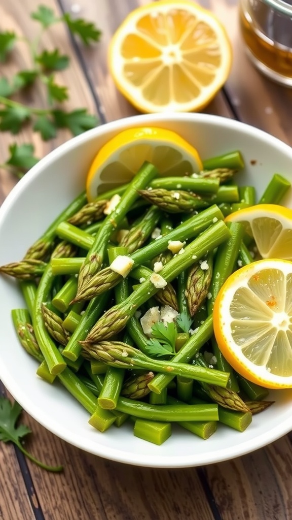 A bowl of sautéed asparagus fern with garlic and lemon, garnished with parsley and lemon wedges on a rustic table.